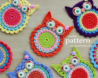Crochet Pattern - Crochet Owl Coasters, Appliques - (Pattern No. 058) - INSTANT DIGITAL DOWNLOAD