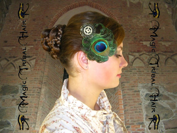 STEAMPUNK PEACOCK Feather FASCINATOR Vintage Gears hair barrette Tribal Fusion Belly Dance hair jewelry Neo Victorian Larp costume accessory by MagicTribalHair steampunk buy now online STEAMPUNK PEACOCK Feather FASCINATOR Vintage Gears hair barrette Tribal Fusion Belly Dance hair jewelry Neo Victorian Larp costume accessory by MagicTribalHair steampunk buy now online