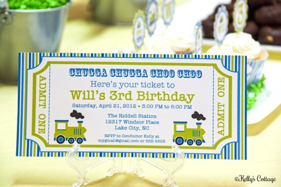 Vintage Train Ticket Invitation, Blue/Green- Custom, Printable Digital Birthday Invitation Il_570xn