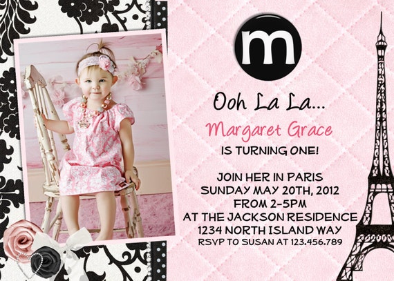 Paris Theme Birthday Party Invitation Damask Pink and Black with Eiffel Tower Printable Invite Il_570xn
