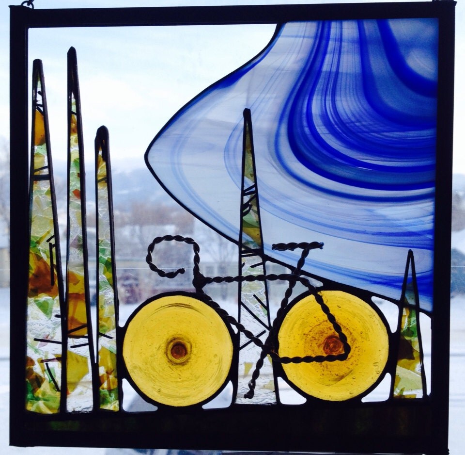 Fall rider stained glass bike panel