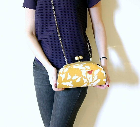 Birds on Mustard Clutch Bag Antique Brass Metal Purse Frame