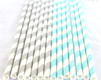 Blue & grey Stripes-Paper Straws--25ct with Free Printable diy Flags