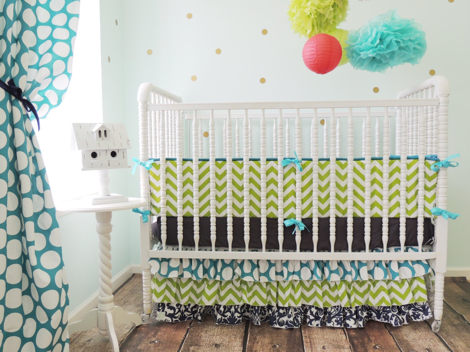 Custom Crib Bedding for a Boy or a Girl in Lime Chevron Navy
