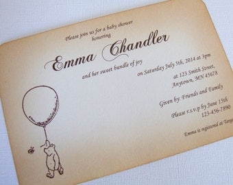 Winnie the Pooh Baby Shower Invitations, Set of 10, New Baby Boy or Girl, Neutral, Baby Shower Invite, Vintage Style, Choice of Fonts, 003-N