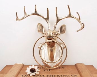 vintage brass deer head wall mounted decor with hanging rings