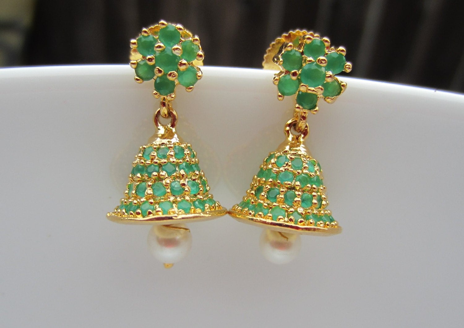 On Sale Emerald Jhumkas Green Stone Jumkas Indian Jewelry