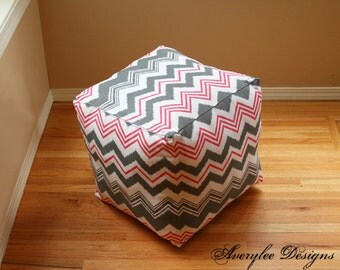 Gray Pink Chevron Pouf Ottoman Chevron floor pouf, Square ottoman 16", Childrens pouf, Chevron Floor Cushion, pouffe, nursery pouf, *Covers*