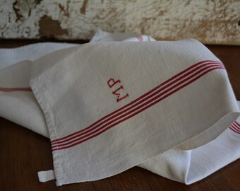 Monogramed Tea Towel, Antique French Linen, Crisp White Linen for Country French Decor, Vintage Housewares, Initials M P