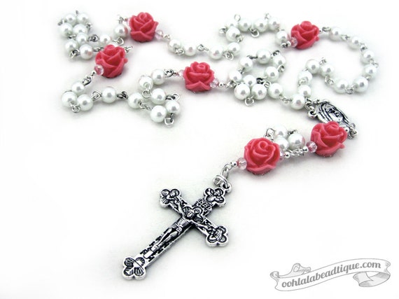 Girls rosary white rosaries rose rosary by OohlalaBeadtique