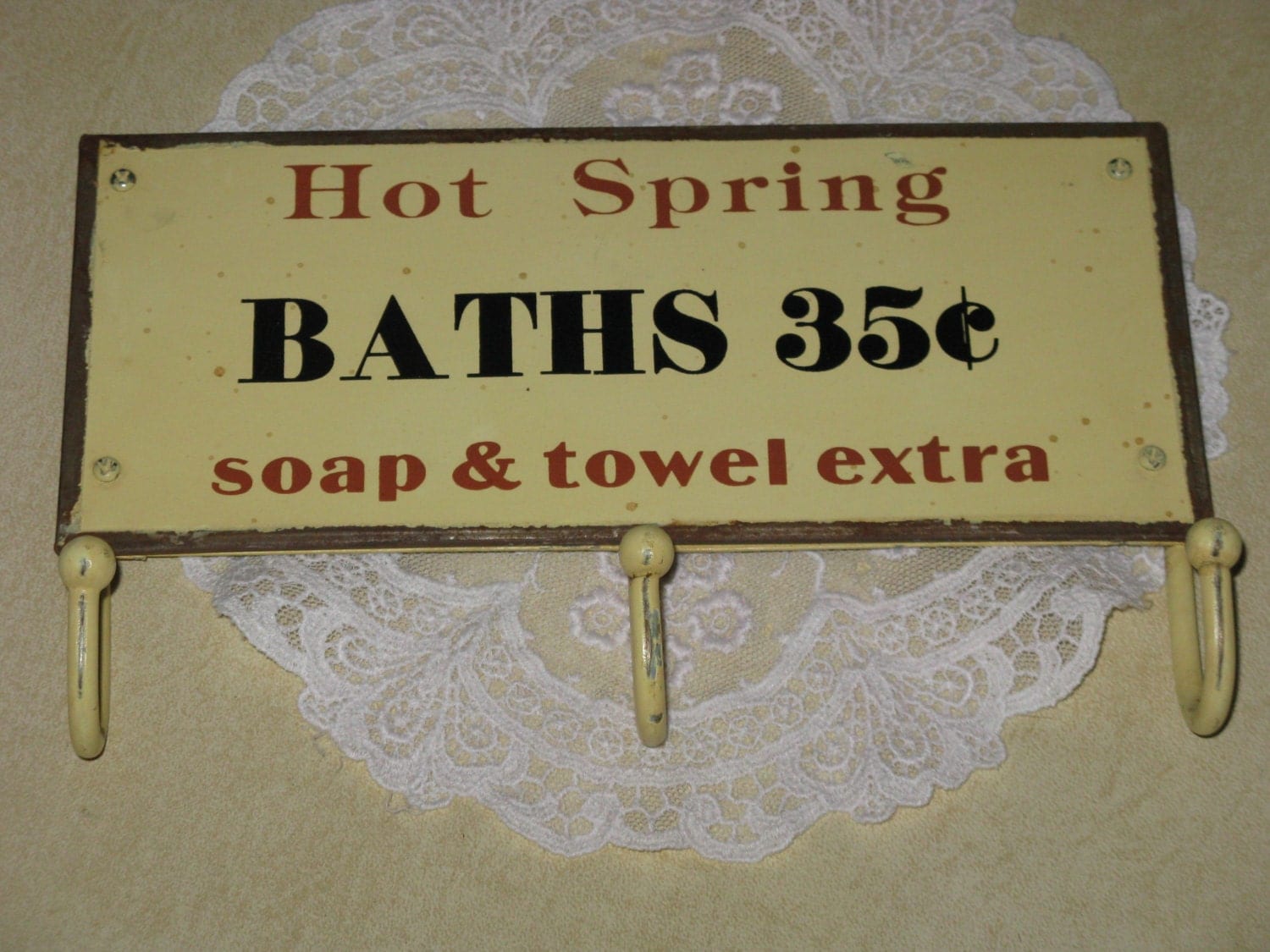 Tin Sign Hot Spring BATHS With Towel Hooks For Bathroom Or