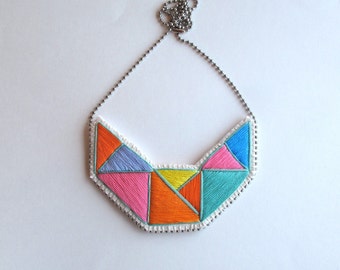 Embroidered necklace geometric bib in mint bright yellow pink blue lavender and orange perfect for Spring statement necklace