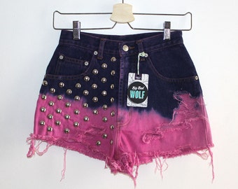 Denim Cutoff Shorts - High Waisted, Dip Bleached, Dyed Magenta Pink, Silver Round Studded, Slashjed and Frayed Denim Shorts