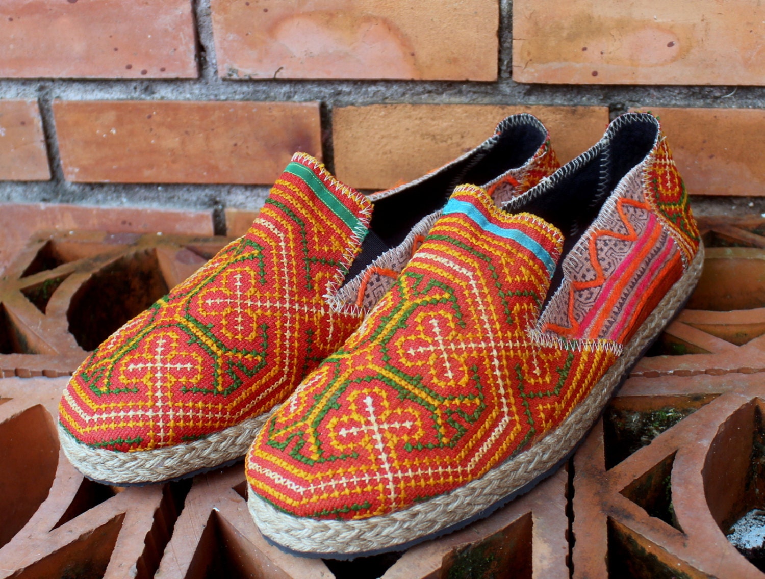 Mens Shoes in Ethnic Hmong Embroidery and Indigo Batik Vegan