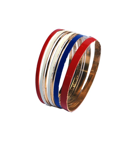 60s Enamel Bangle Bracelet Set, Red, White, Blue, Gold Metal, Set of 7