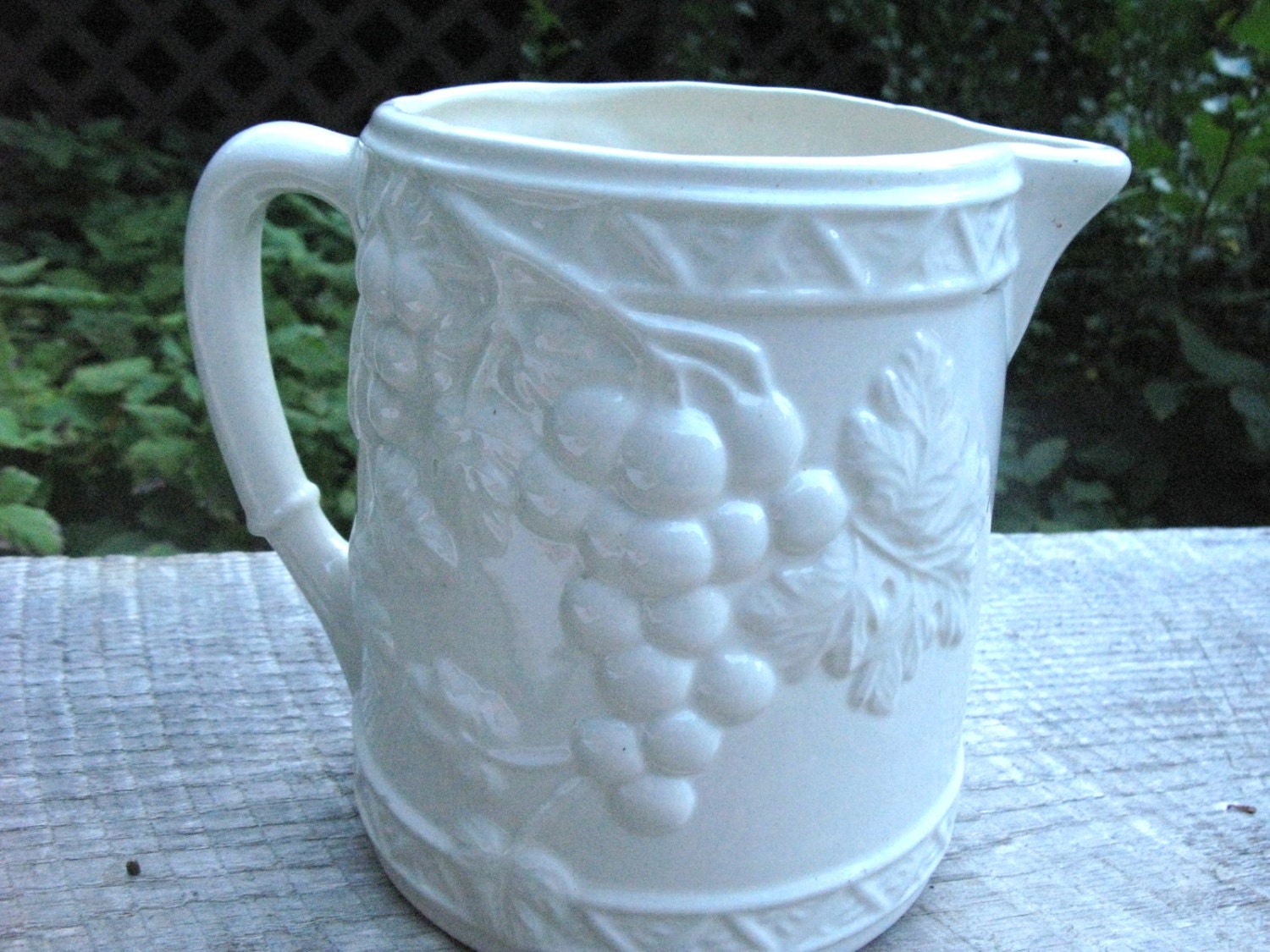 Lovely Ceramic White Pitcher with Grape Vines Haute Juice