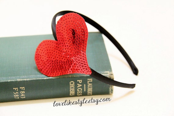 Red Sequins Heart Headband, Red Heart Headband , Valentines Day Headband