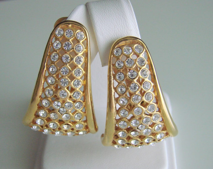 Large Modernist Rhinestone Clip Earrings / Goldtone / Vintage Jewelry / Jewellery