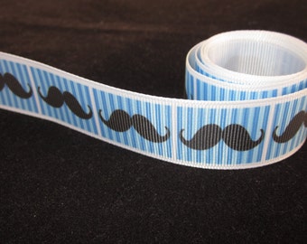 1" Blue Mustache Grosgrain Printed Ribbon. By The Yard