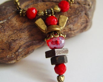 Antique Bronze and Blood Red Beaded Wing Nut Angel Necklace with Heart Beads