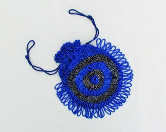 1920's beaded evening bag, drawstring purse, cobalt blue and black beaded purse