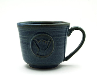Hang Loose Coffee Mug: Blue Shaka Ceramic Cup, Cool Gift for Surfers, Handmade Father Husband Gift - Ready to Ship