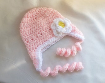 0 - 3 months Baby Beanie with Earflaps Pink with Flower