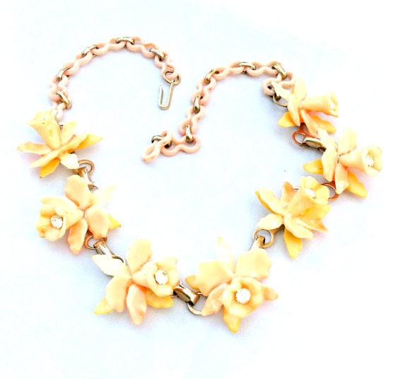 Celluloid Rhinestone Peach Flower Necklace w Earrings 1930s Vintage Jewelry