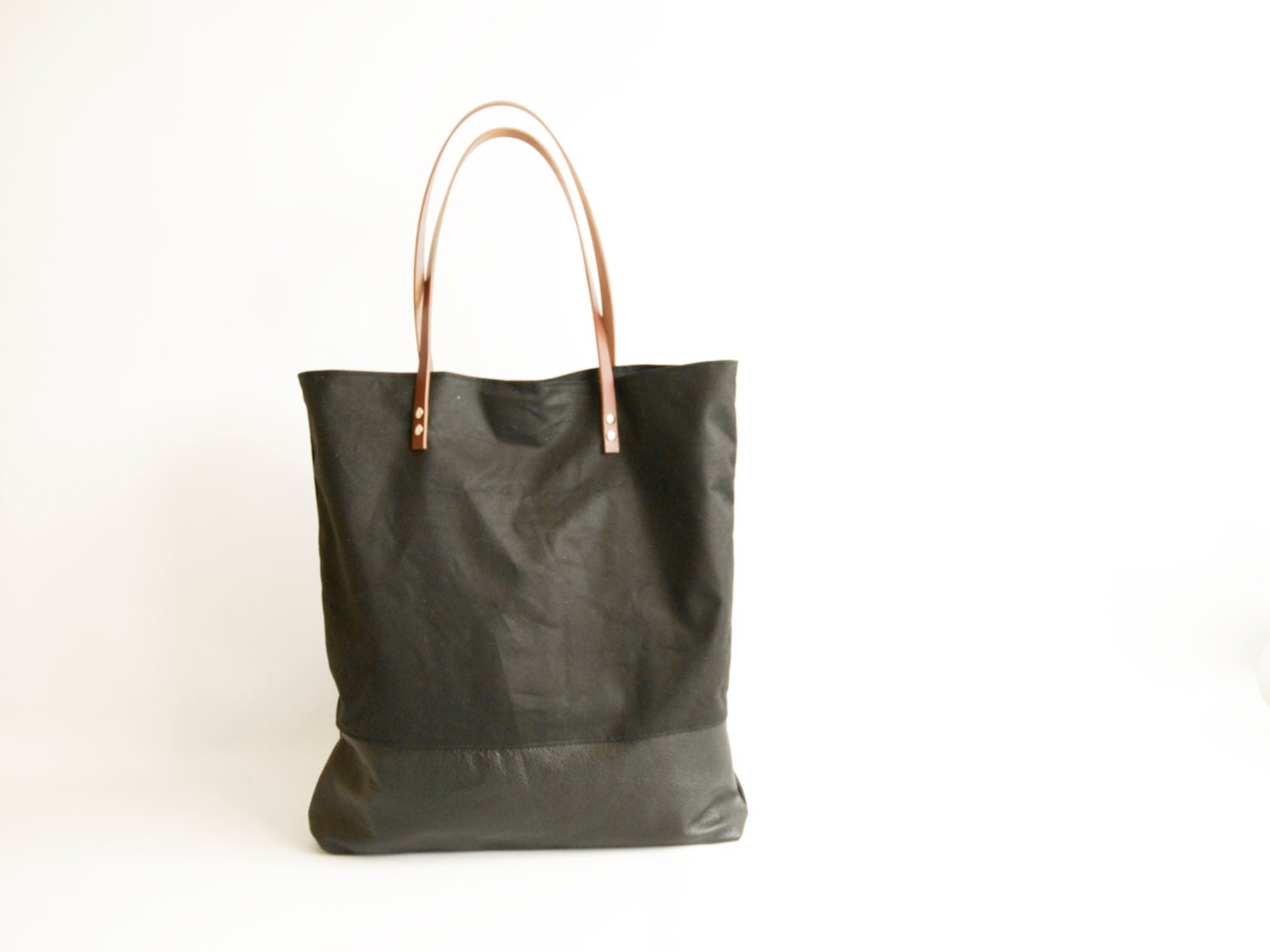 Canvas Bag Black Leather and Black Waxed Canvas Tote Bag
