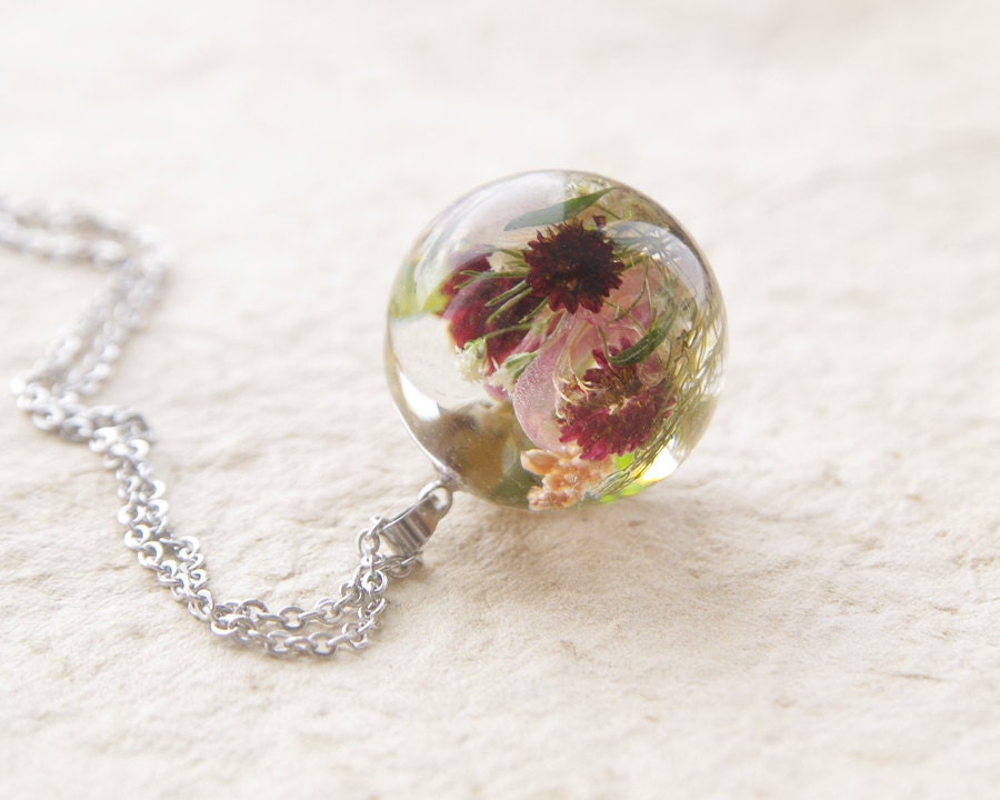 Real Flowers Necklace resin orb jewelry Unique orb