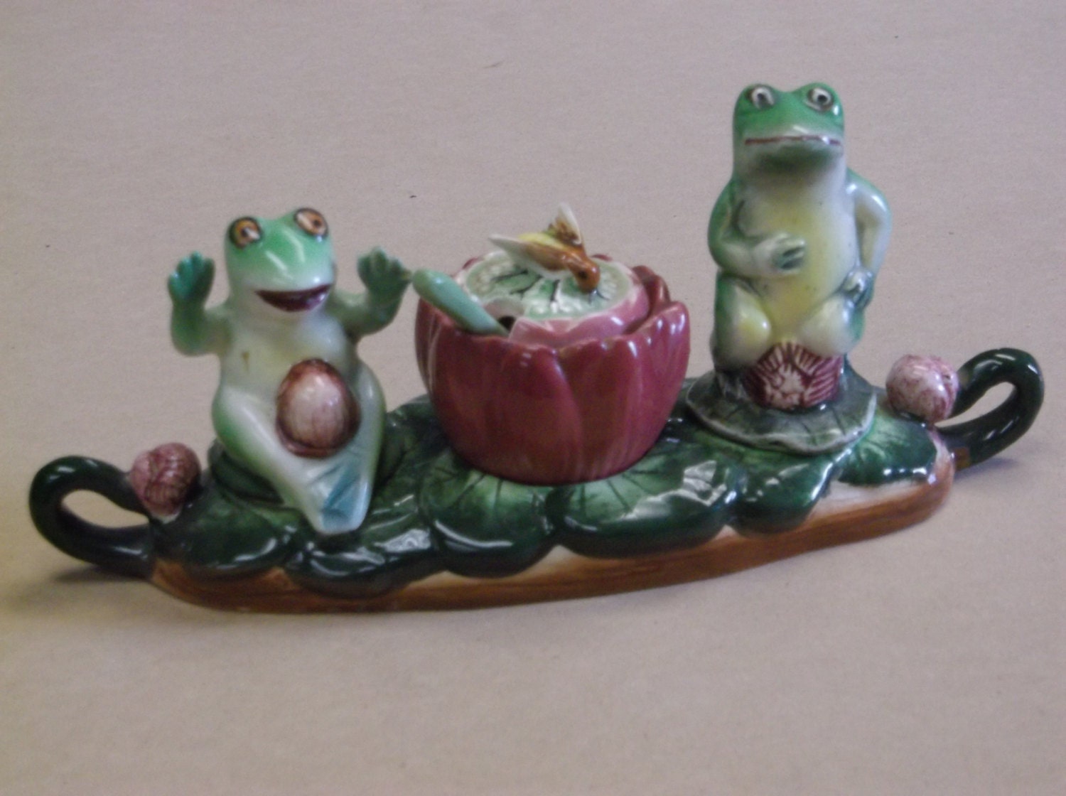 Vintage Frog Salt and Pepper Shakers with Condiment Bowl and