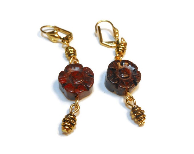 Brecciated Jasper earrings, floral flowers pierced with gold plate beads and wire wrapping, handmade OOAK