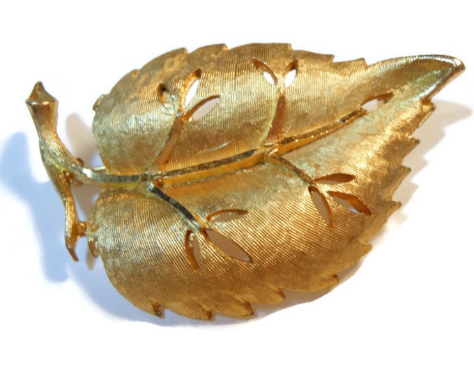 FREE SHIPPING BSK figural leaf brooch with cut out work - gold plated brush work.