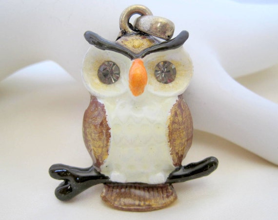 Owl Pendant - Detailed Enamel - Large Rhinestone Eyes - 70's pendant