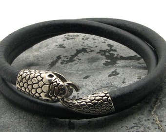 EXPRESS SHIPPING Snake bracelet Men's Bracelet. Men Leather Bracelet Black multi strad Men leather bracelet with silver plated snake clasp