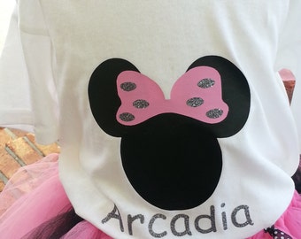 Children Personalize Minnie Mouse T shirt - Girls Custom Minnie Mouse clothing- Toddler costume -Tutu skirt pink black- Birthday - Dance