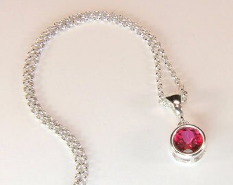 Intense Pink 'Peony' Topaz, 8mm x 2.28 Carat, Round Cut, Sterling Silver Pendant Necklace, including 18" to 20" (adjustable) Sterling Chain