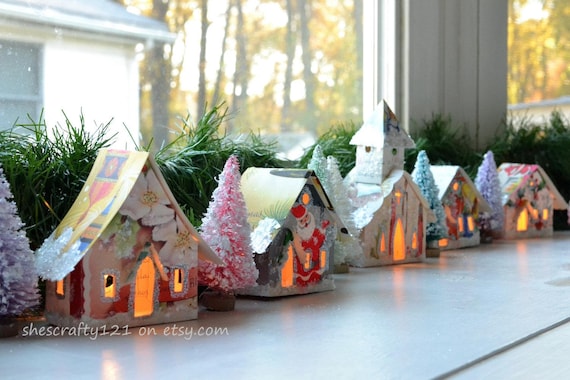 Create Your Own Putz Glitter House Village / Onaments that Light Up / Handmade from Vintage Christmas Cards / Bottle Brush Trees
