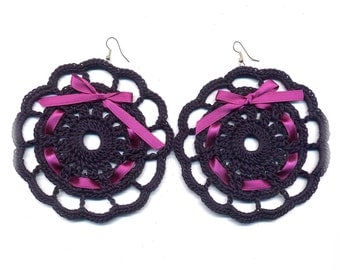 Crochet earrings, round, very big, blue, fucsia, fashion style, etsy style, cotton, thread, vintage, jewelry, trends, winter, #E159