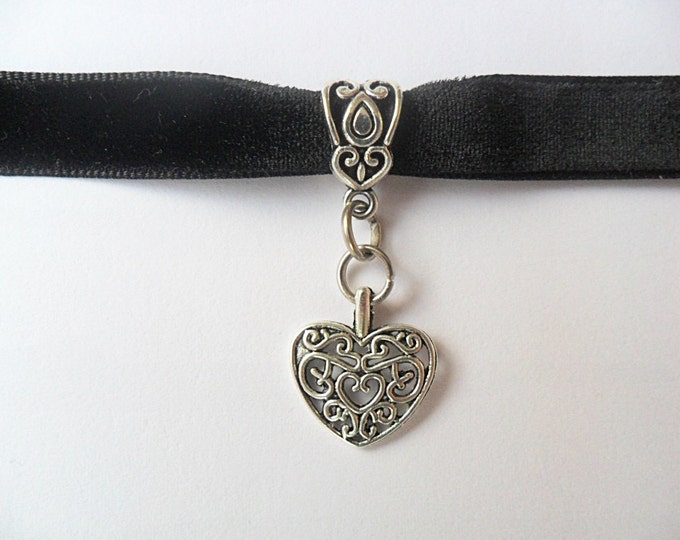 Tibetan silver heart pendant Velvet choker necklace with a width of 3/8" (pick your neck size)