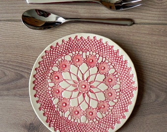 Rustic Ceramic Plate Red Lace Dessert Plate Unique Serving Plate