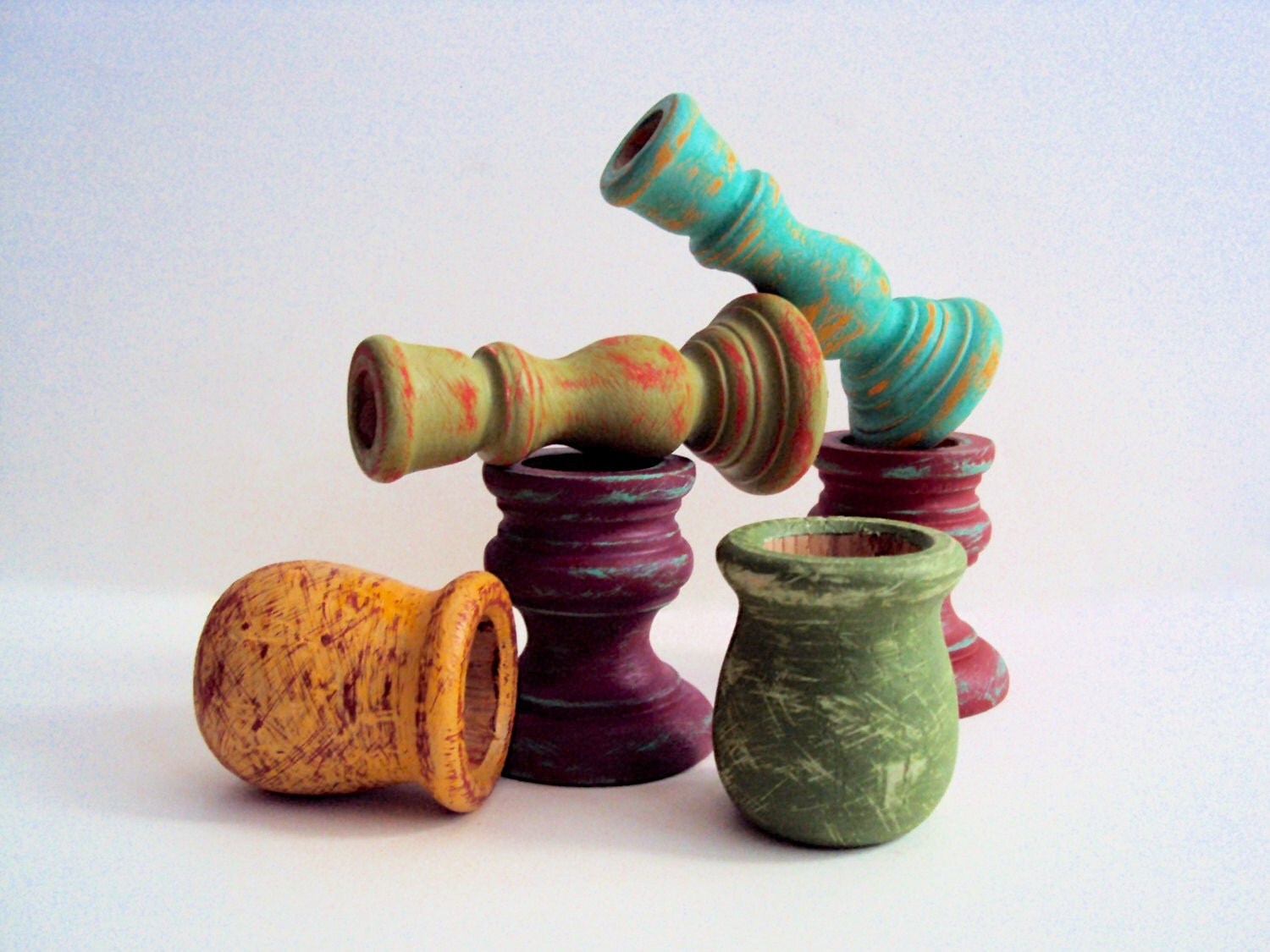 Set of Six HandDistressed Boho Candle Holders Small Candle