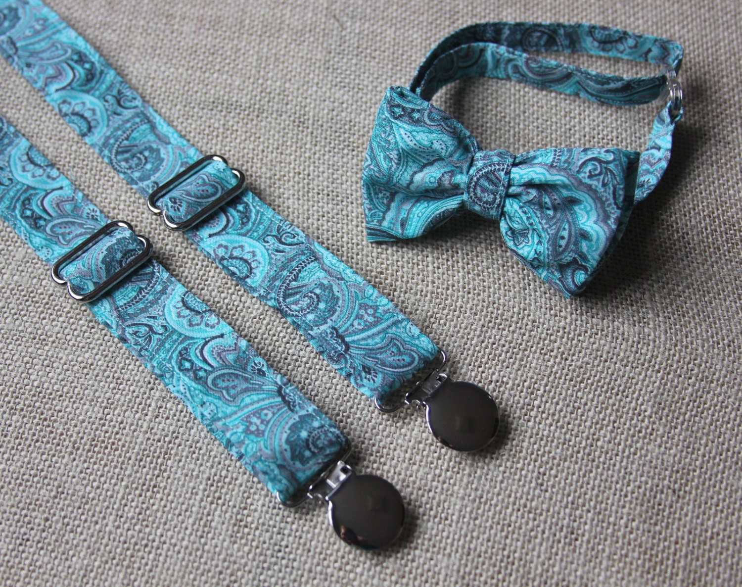 Turquoise /Teal Blue and Gray Paisley Bow Tie and Suspenders