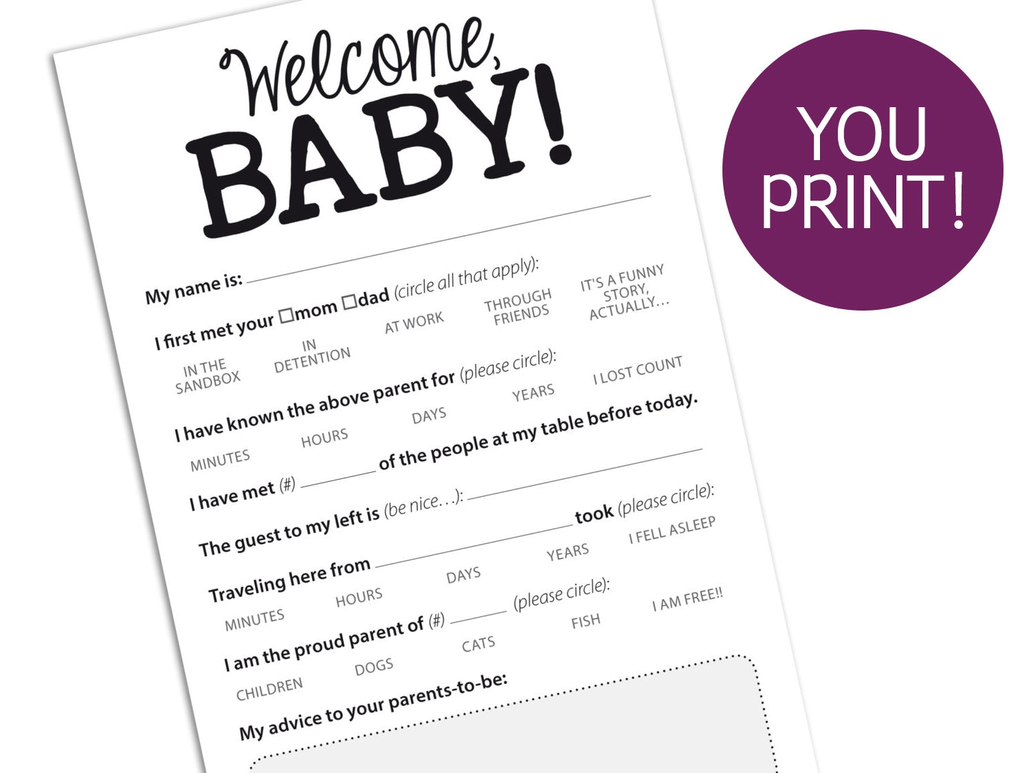 Funny Baby Shower Advice Card Game Printable PDF