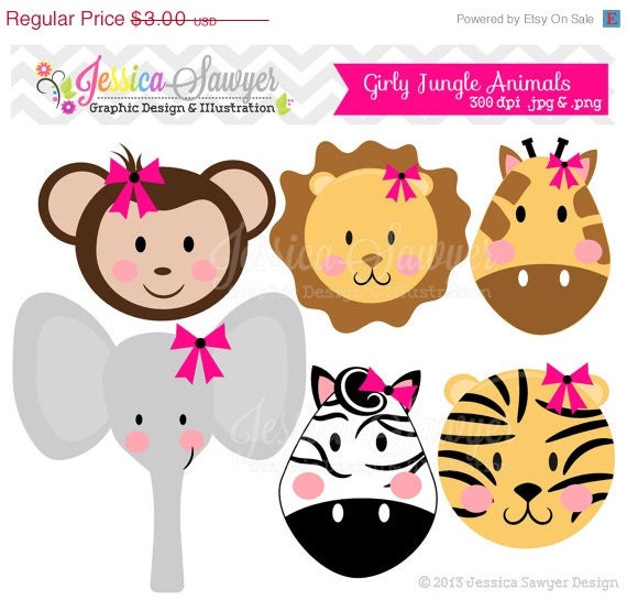 50% OFF - INSTANT DOWNLOAD, girls jungle animal clipart, girly jungle clip art, for baby showers, invitations, annoucements, digital scrapbo Il_570xn