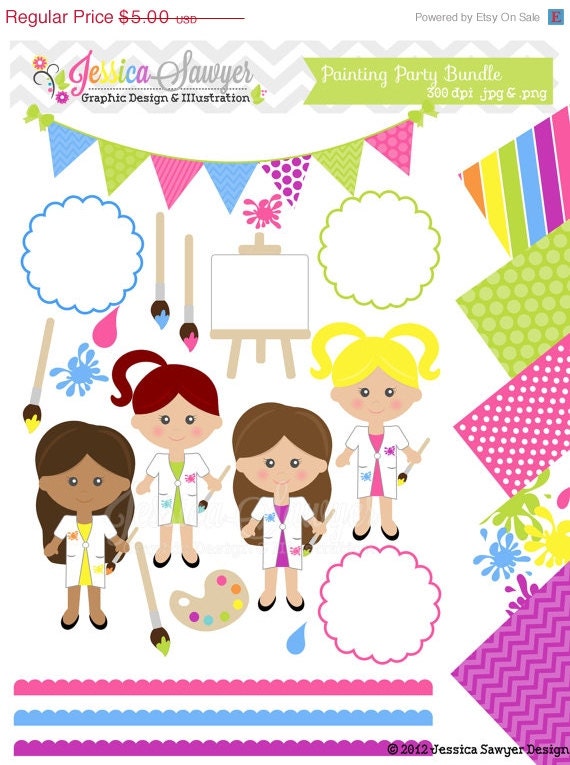 50% OFF - INSTANT DOWNLOAD, painting party clip art and digital paper pack, girls birthday, art clipart, for invites, card making, scrapboo Il_570xn