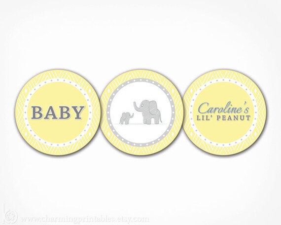 Elephant Baby Shower Cupcake Toppers - DIY PRINTABLE File - Party Circle - Gender Neutral - Yellow Gray - Elegant Elephant Collection Il_570xn