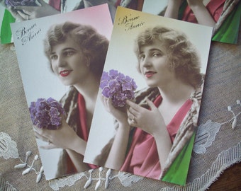 Delightful Set of Five Antique French Paris Art-Deco Colour Tinted Bonne Annee Happy New Year Postcards-Pristine,Unused