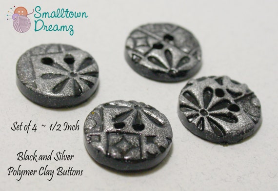 Handmade Black and Silver Polymer Clay  Buttons (Set of 4)