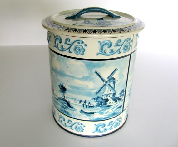 Decorative Tin Canister Delft Blue Ivory Windmill Germany